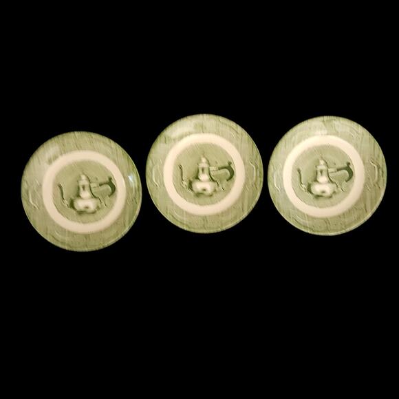 Royal Ironstone Old Curiosity Shop Green 6" Sauce Dish Vintage Set of 3 - Picture 4 of 5